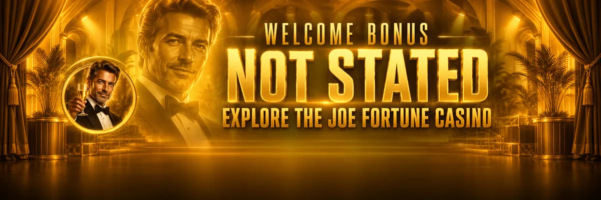 Joe Fortune’s portrait badge and softly rendered formal figure appear before theatrical curtains and layered gold panels.
